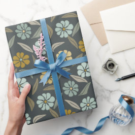Papel De Presente Flor Azul e Amarela Retro