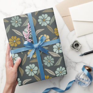 Papel De Presente Flor Azul e Amarela Retro