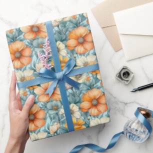 Papel De Presente Flor Azul Laranja