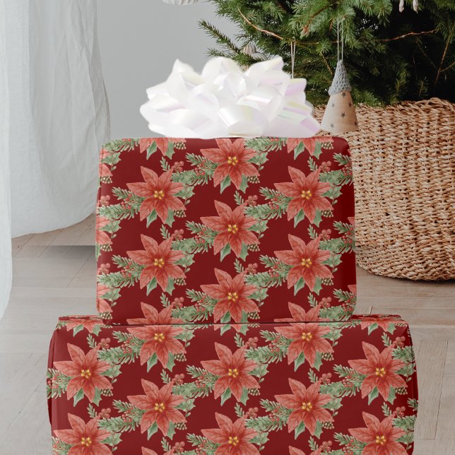 Papel De Presente Flor Botânica Verde Vermelha Flor de Natal Vermelh (Criador carregado)