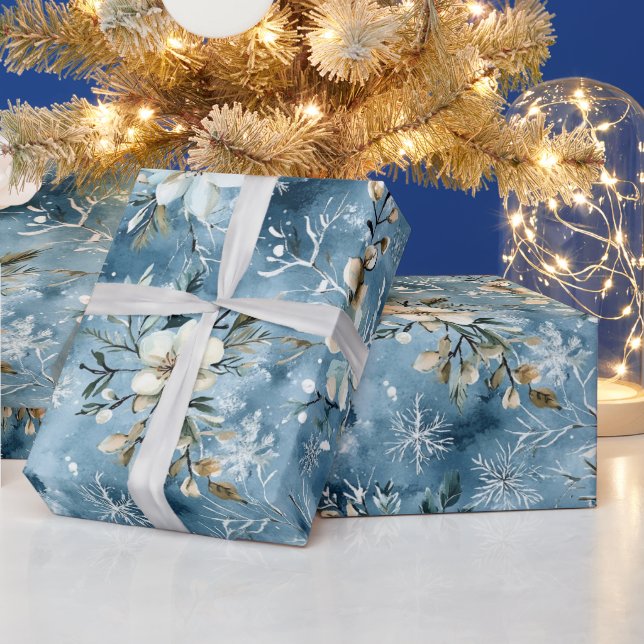 Papel De Presente Flor branca com padrão azul de inverno (Feriados)