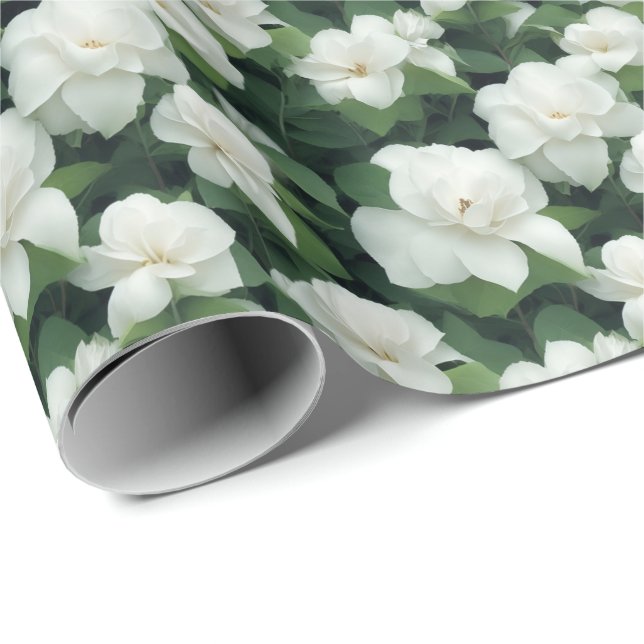 Papel De Presente Flor branco botânico verde-elegante (Ponta do rolo)