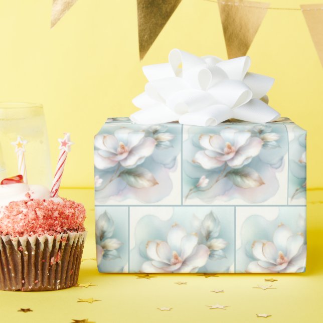 Papel De Presente Flor da Magnésia Branca de Borda Dourada (Festa de aniversário)