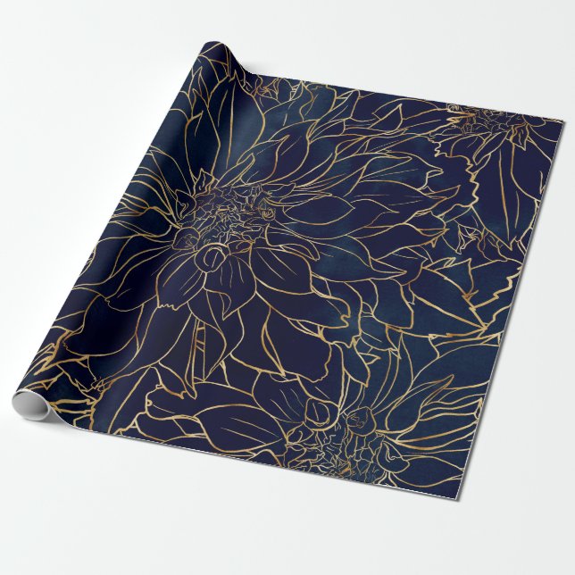 Papel De Presente Flor Dahlia Dourada e azul (Desenrolado)