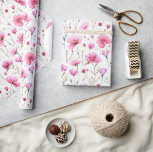 Papel De Presente Flor de Campo em Aquarela Rosa