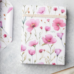 Papel De Presente Flor de Campo em Aquarela Rosa