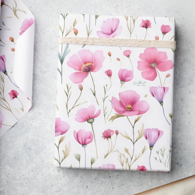 Papel De Presente Flor de Campo em Aquarela Rosa (Criador carregado)