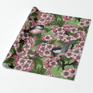 Papel De Presente Flor de cereja e galinhas em verde
