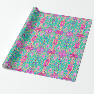 Papel De Presente Flor de Dália Verde Teal Decorativa e Rosa Quente