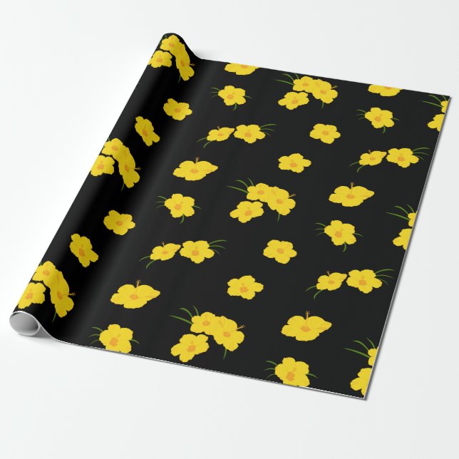 Papel De Presente Flor de Hibiscus Amarelo Exótica a Preto (Desenrolado)