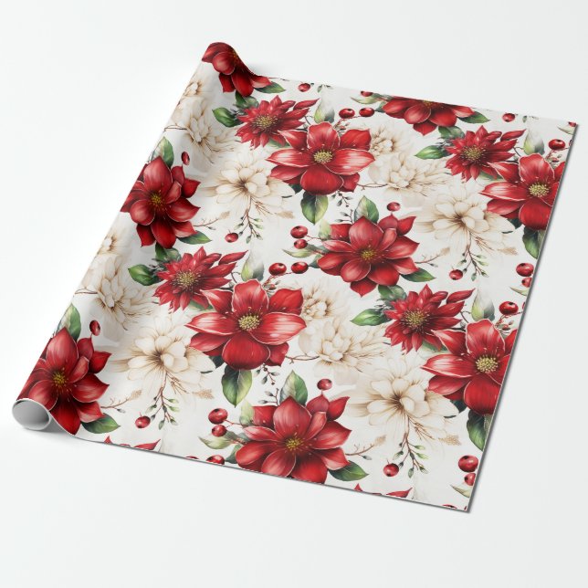 Papel De Presente Flor de Natal Poinsettia Red Green Padrão (Desenrolado)
