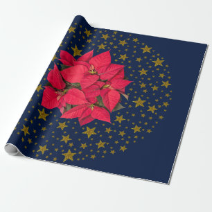 Papel De Presente Flor de Natal vermelha, estrelas douradas cintilan