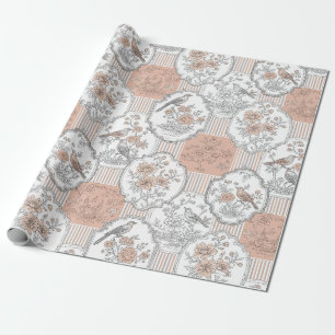 Papel De Presente Flor de Pássaro Vintage em Toile de Listras (3)