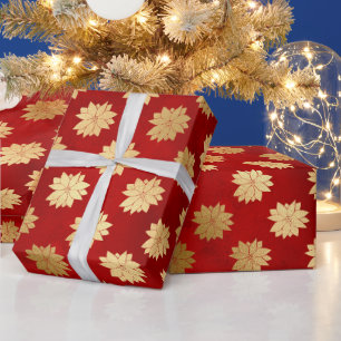 Papel De Presente Flor de Poinsettia de Inverno Vermelha e Dourada F