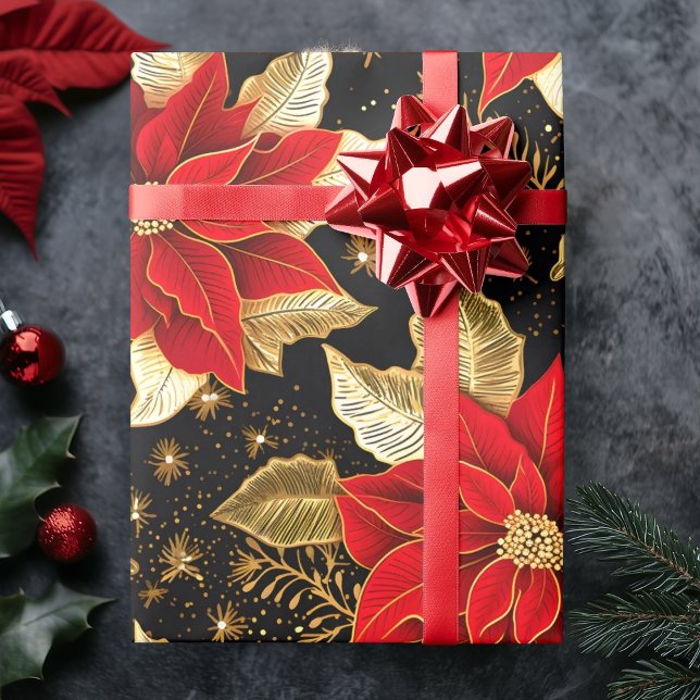 Papel De Presente Flor de Poinsettia em Preto Folha Dourado | Natal (Poinsettia Flower in Gold Leaf Black | Christmas Wrapping Paper)