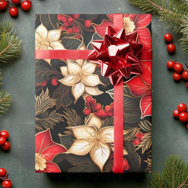 Papel De Presente Flor de Poinsettia em Vermelho Negro Dourado | Nat (Poinsettia Flower in Black Red Gold | Christmas Wrapping Paper)