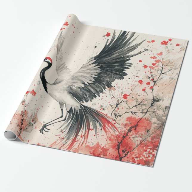 Papel De Presente Flor de Tinta de Grou Carmesim (2) (Desenrolado)