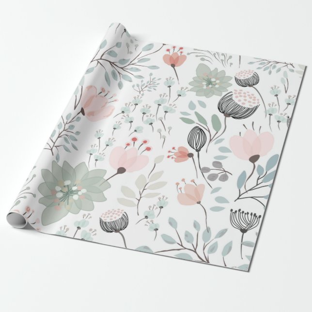 Papel De Presente Flor e folha em verde tropical e rosa (Desenrolado)