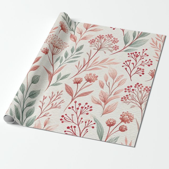 Papel De Presente Flor, Floral e Folha de Cereja Rosa (Desenrolado)