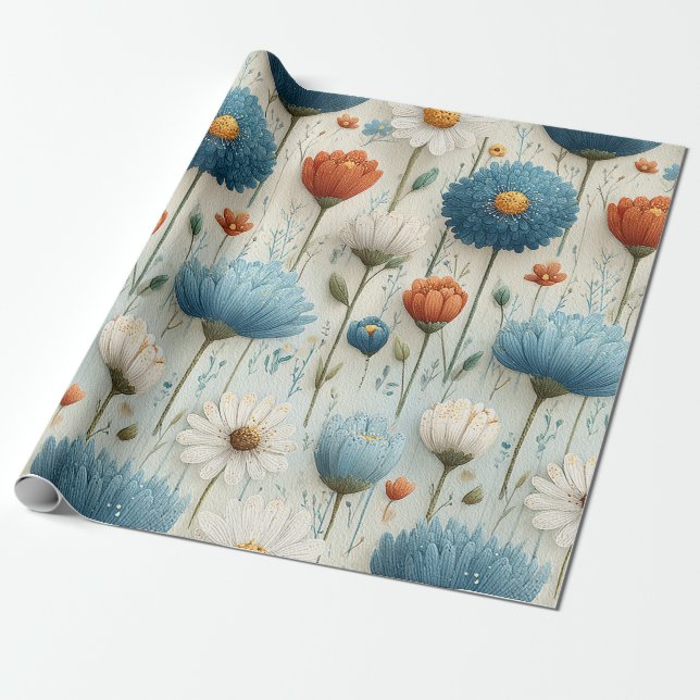Papel De Presente Flor Floral Laranja Azul Selvagem  (Desenrolado)
