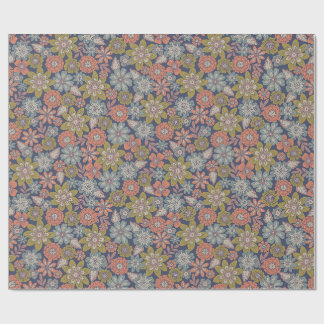 Papel De Presente Flor Floresce & Desabrocha em Coral, Azul & Verde