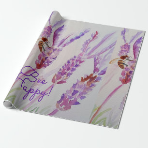 Papel De Presente Flor Lavanda Feliz Abelha Herbário Flor de Aquarel
