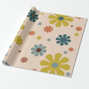 Papel De Presente Flor Retro 60s Padrões de energia Laranja Azul