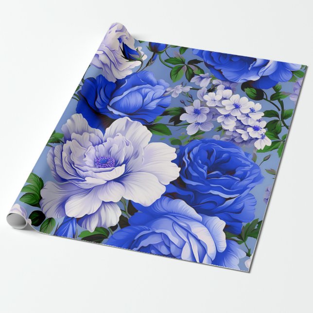 Papel De Presente Flor Rosa Azul Grande Retro (Desenrolado)