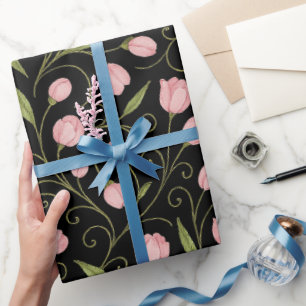 Papel De Presente Flor rosa e branca a preto com padrão repetitivo