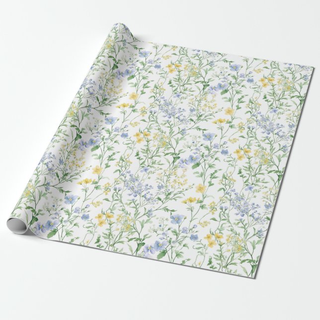 Papel De Presente Flor Silvestre Aquarela Azul (Desenrolado)