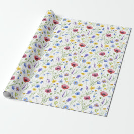 Papel De Presente Flor Silvestre Aquarela Azul Vermelho