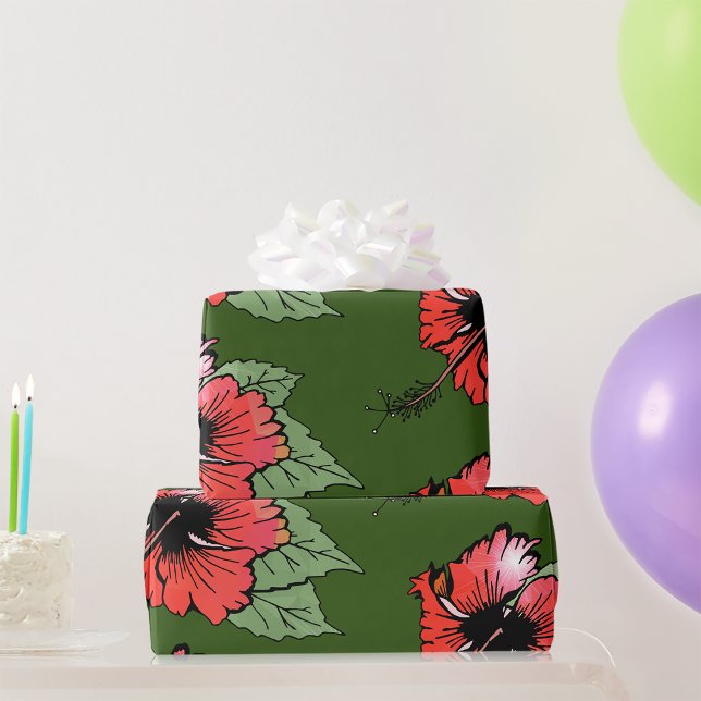 Papel De Presente Flor Tropical Red Hibiscus com Folhas Verdes (Criador carregado)