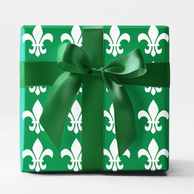 Papel De Presente Flor Verde e Branca de Lys (Green and White Mardi Gras Wrapping Paper)