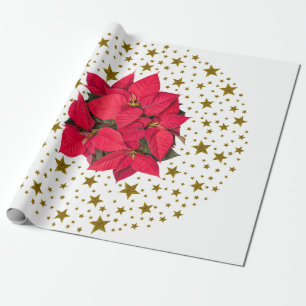 Papel De Presente Flor vermelha do Natal e estrelas sparkly do ouro