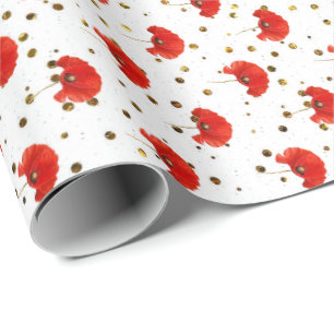 Papel De Presente Flor Vermelha Picada Lente Branca Confetti Dourada