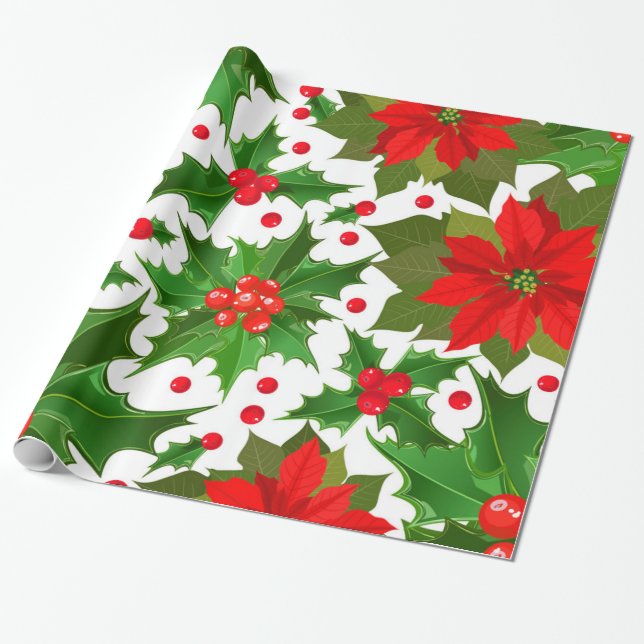 Papel De Presente Flor Vermelho Festivo e Flor de Natal Holly (Desenrolado)