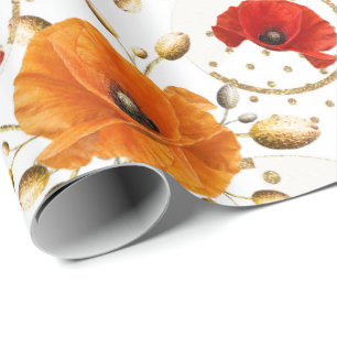 Papel De Presente Flor Vermelho Picado Laranja Glam Branco Dourado M