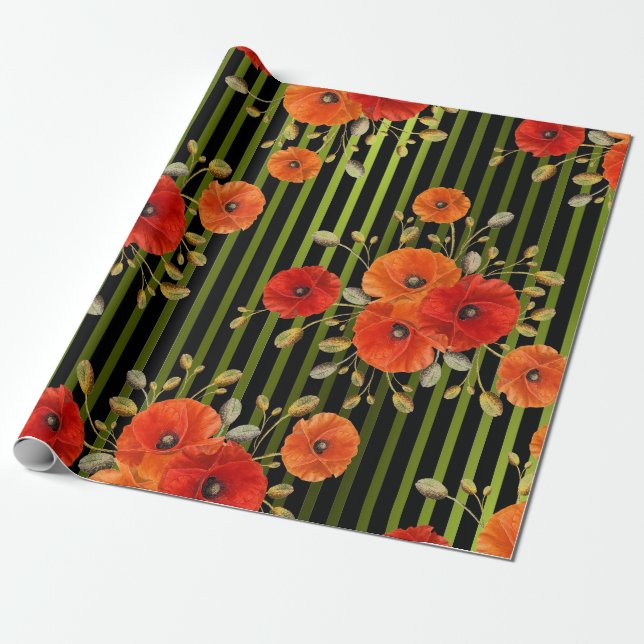 Papel De Presente Flor Vermelho Pópia Flor Preto Glam Lágrimas Preta (Desenrolado)
