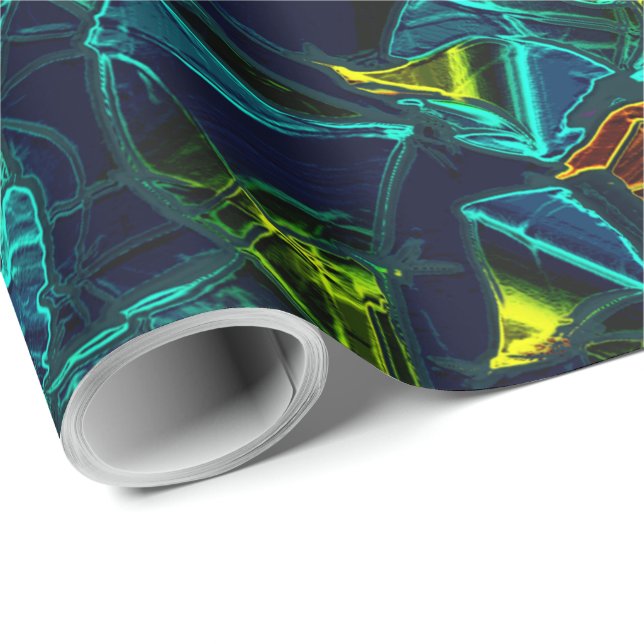 Papel De Presente Flor virtual em azul gradiente, estilhaçada (Ponta do rolo)