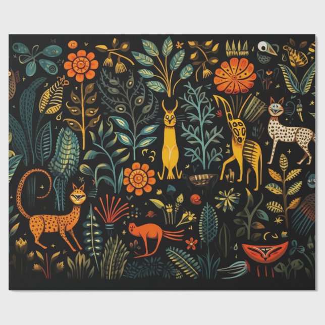 Papel De Presente Flora e fauna fantásticas sobre fundo escuro (Aberto)