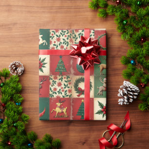 Papel De Presente Florais de Natal Vermelhos e Verdes Modernos e Cap