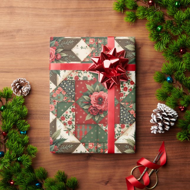 Papel De Presente Florais de Natal Vermelhos e Verdes Modernos e Ele (Presente de Natal)