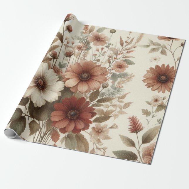 Papel De Presente Florais De Outono Elegante De Aquarelas Botânicas (Desenrolado)