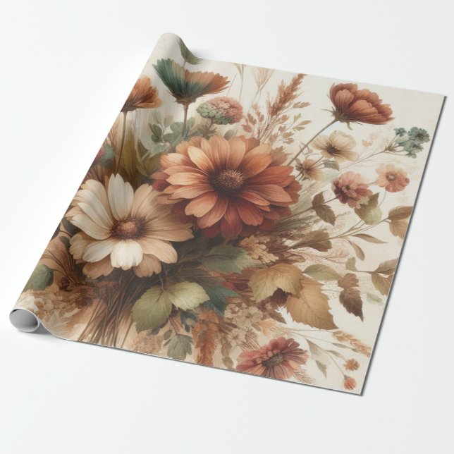 Papel De Presente Florais De Outono Elegante De Aquarelas Botânicas (Desenrolado)