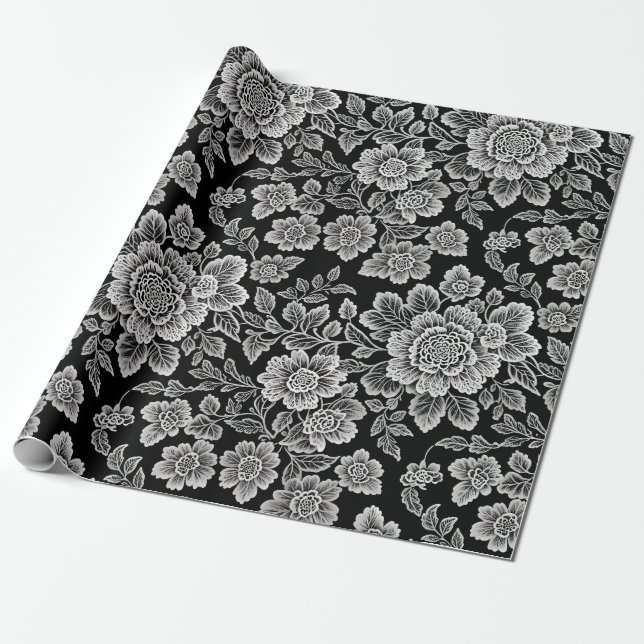 Papel De Presente Florais de rendas brancas em preto (Desenrolado)