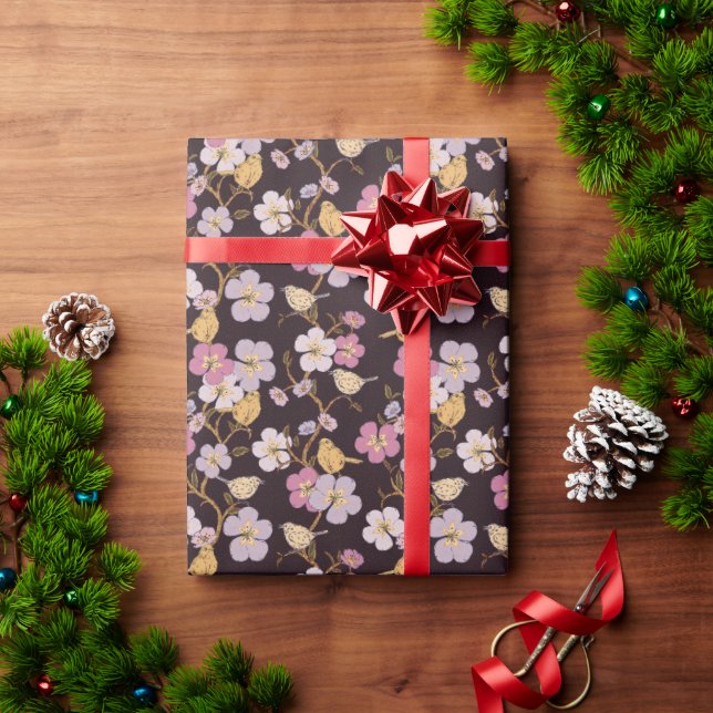 Papel De Presente Florais e Pássaros de Reboque Whimsical - Preto/Ve (Presente de Natal)