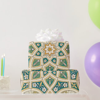 Papel De Presente Florais Elegantes Islâmicas Verde Dourado