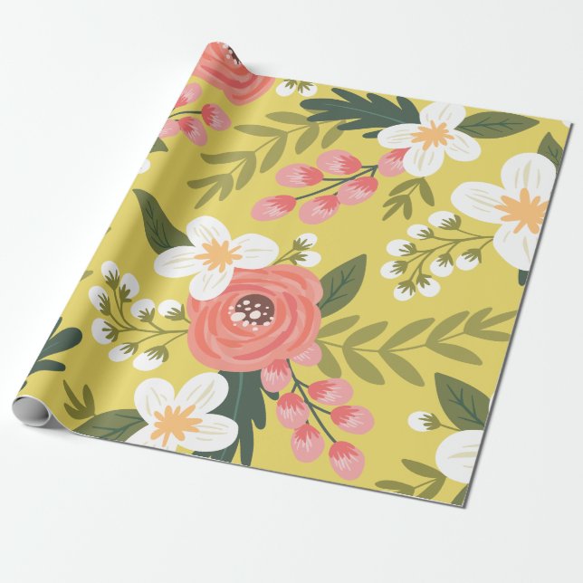 Papel De Presente Florais sobrecarregados em amarelo-sol (Desenrolado)