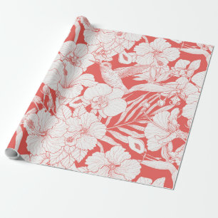 Papel De Presente Florais Tropicais e Beija-flor em coral e fora