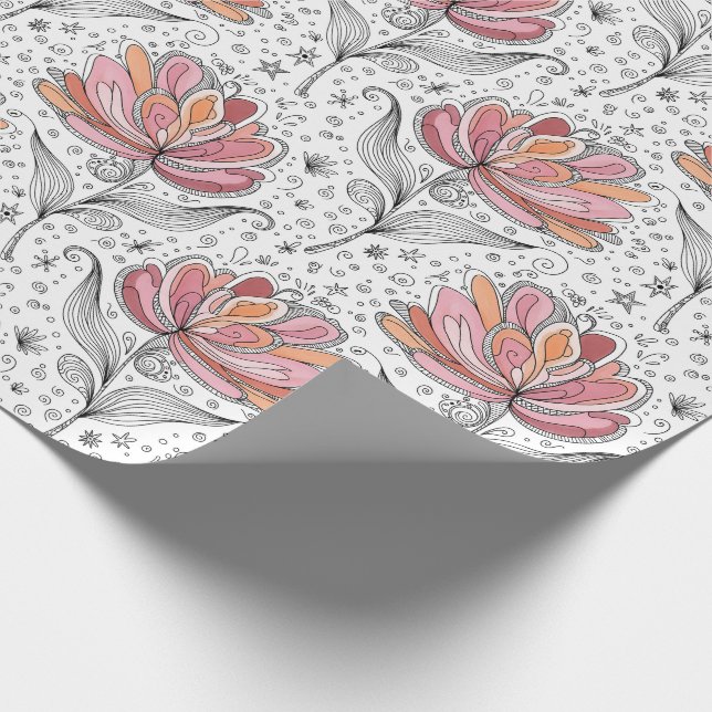 Papel De Presente Floral Abstract Doodle Art Style Pink Peach (Ponta)